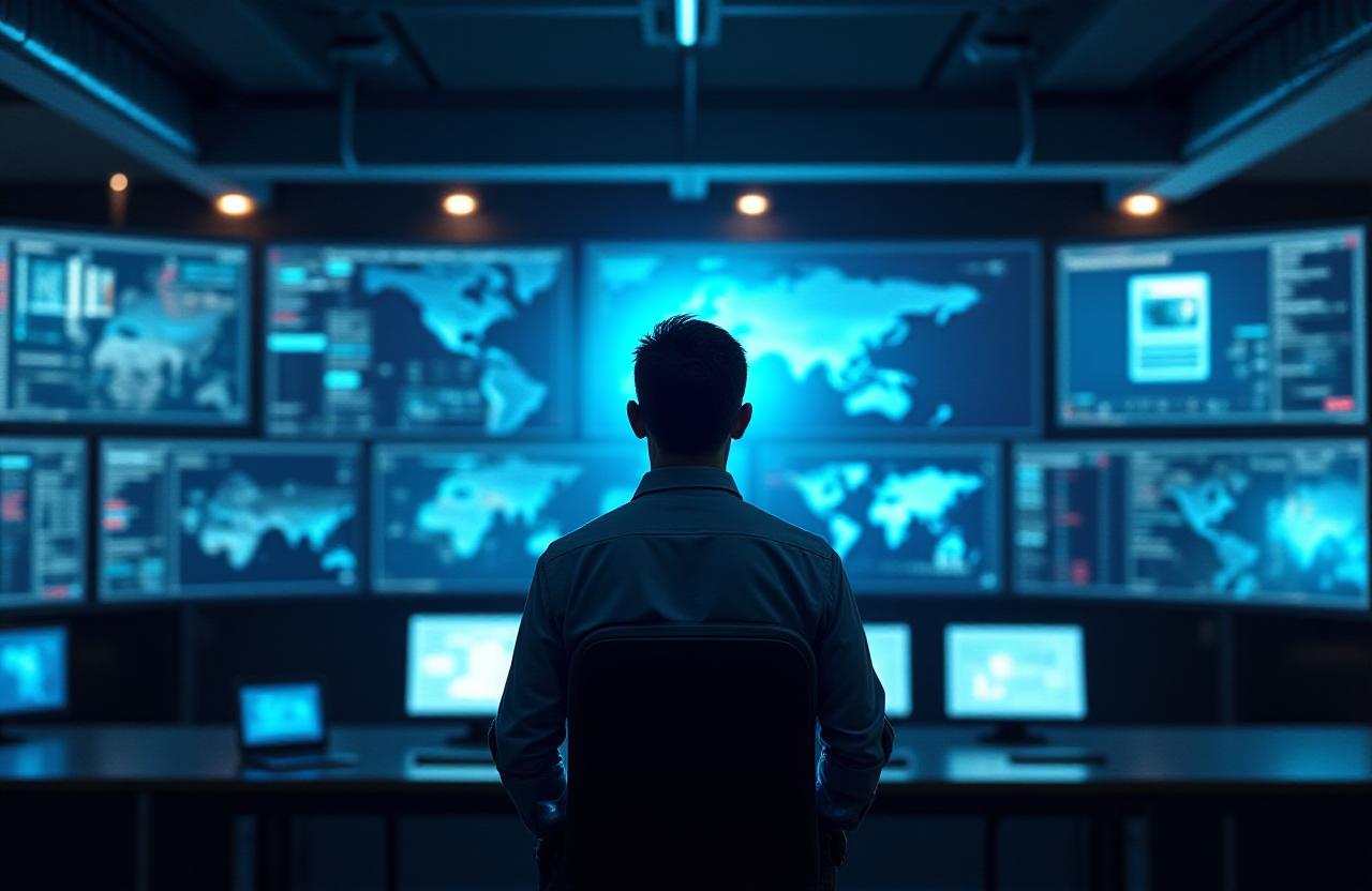 Logistics coordinator monitoring fleet movements on modern digital screens