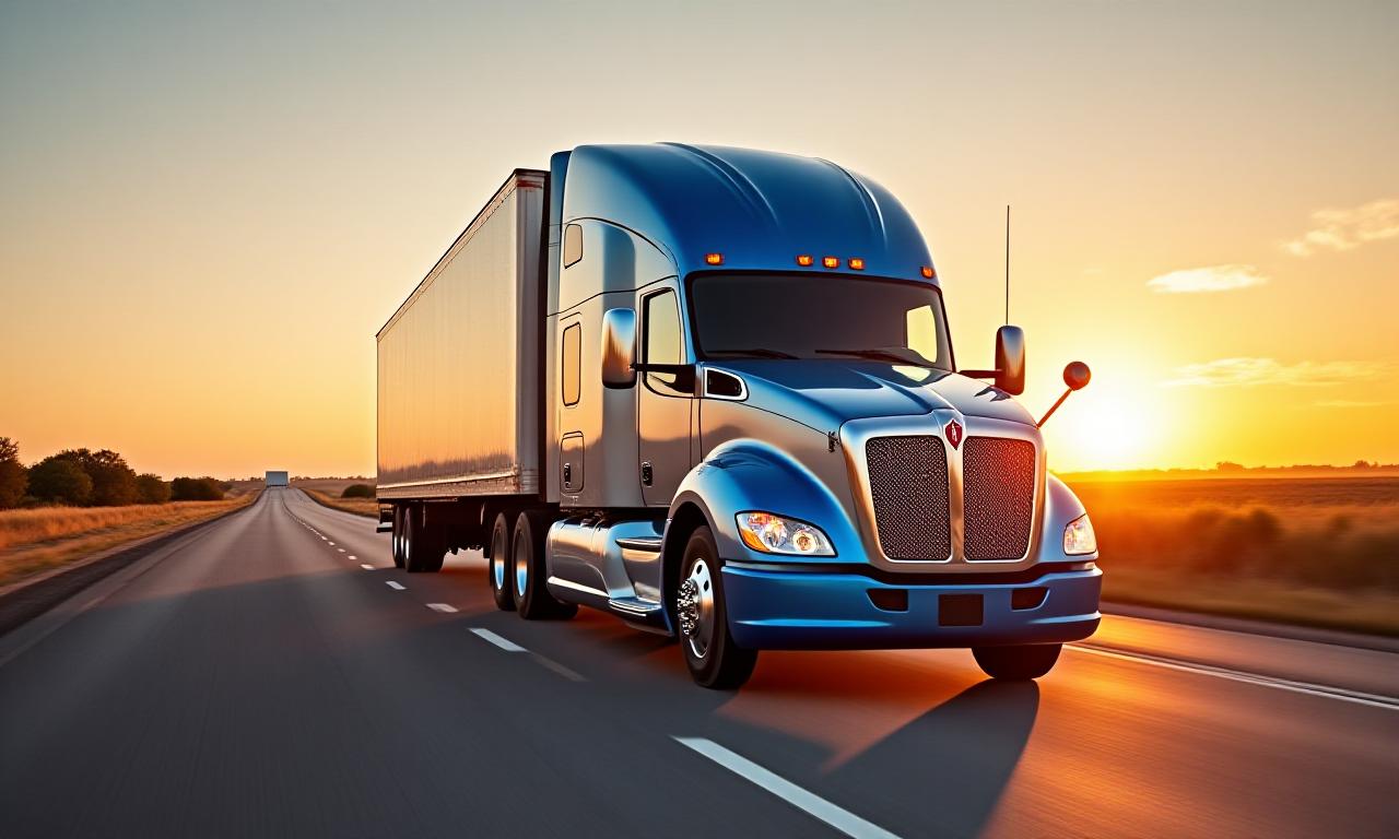 Modern semi-truck on an open highway at sunset
