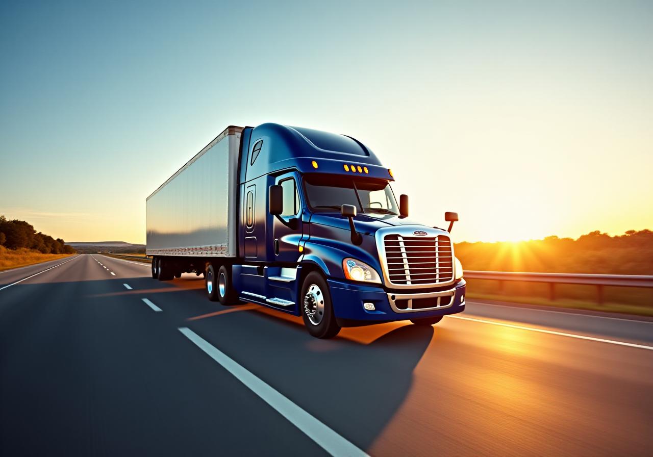 Modern logistics truck on a Texas highway at dawn